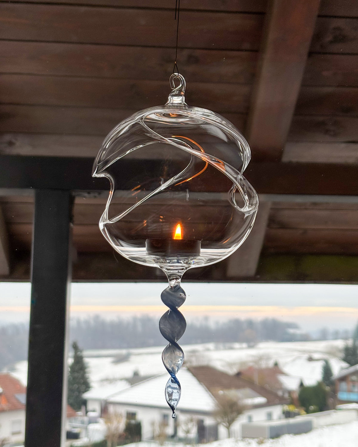 Hand-blown Glass Sphere with Blue Icicle – made of high-quality borosilicate glass / Glass ornament / Tealight candle holder