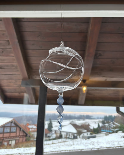 Hand-blown Glass Sphere with Blue Icicle – made of high-quality borosilicate glass / Glass ornament / Tealight candle holder