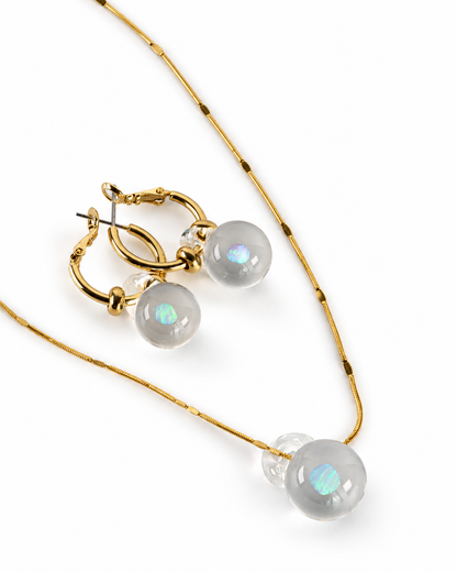 Opal Spheres · Set Hoop Earrings + Pendant Necklace in Gold