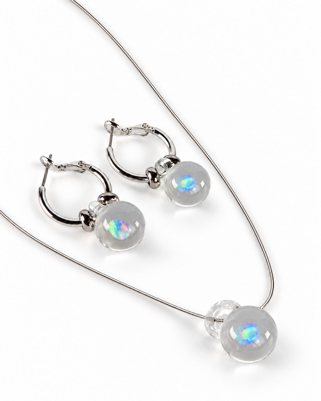 Opal Spheres · Set Hoop Earrings + Pendant Necklace in Silver